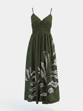 Japna Olive Green Maxi Dress with White Tropical Leaf Print- Medium